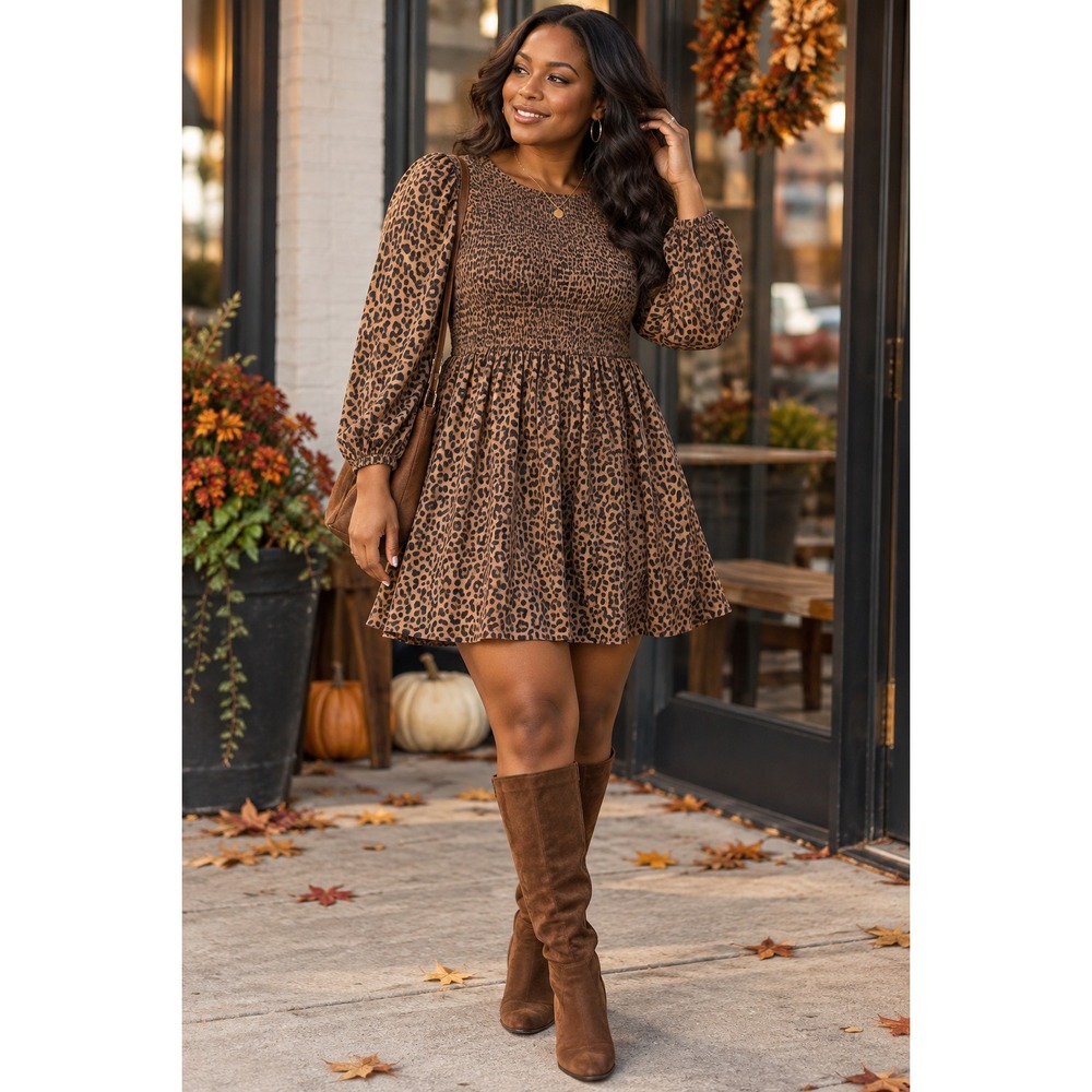 American Eagle Women Leopard Print Smocked Long Sleeve Mini Dress Brown XS